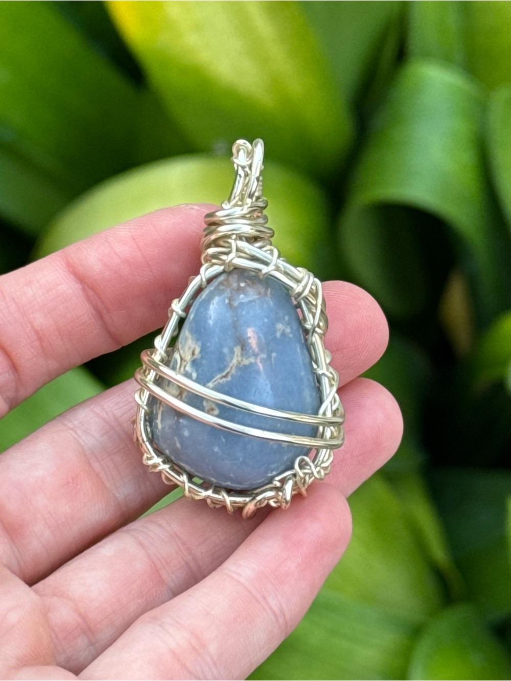Handcrafted Blue Stone Wire-Wrapped Pendant - Gold Wire